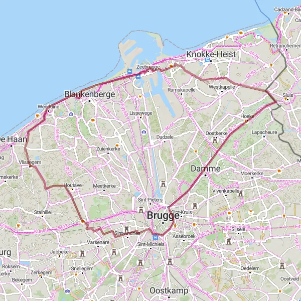Miniature de la carte de l'inspiration cycliste "Parcours gravel autour de Vlissegem" dans la Prov. West-Vlaanderen, Belgium. Générée par le planificateur d'itinéraire cycliste Tarmacs.app