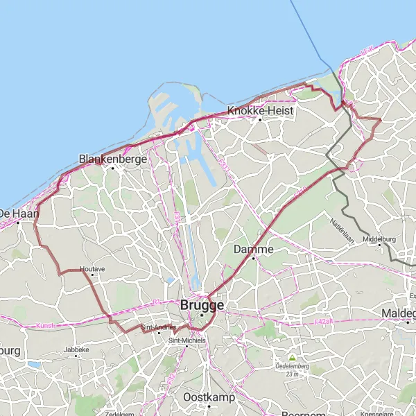 Miniature de la carte de l'inspiration cycliste "Escapade Côtière en Gravel" dans la Prov. West-Vlaanderen, Belgium. Générée par le planificateur d'itinéraire cycliste Tarmacs.app