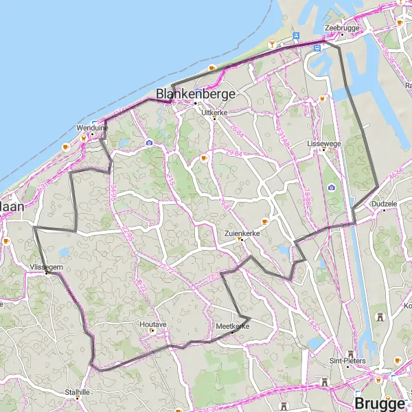 Miniature de la carte de l'inspiration cycliste "Parcours côtier de Vlissegem" dans la Prov. West-Vlaanderen, Belgium. Générée par le planificateur d'itinéraire cycliste Tarmacs.app