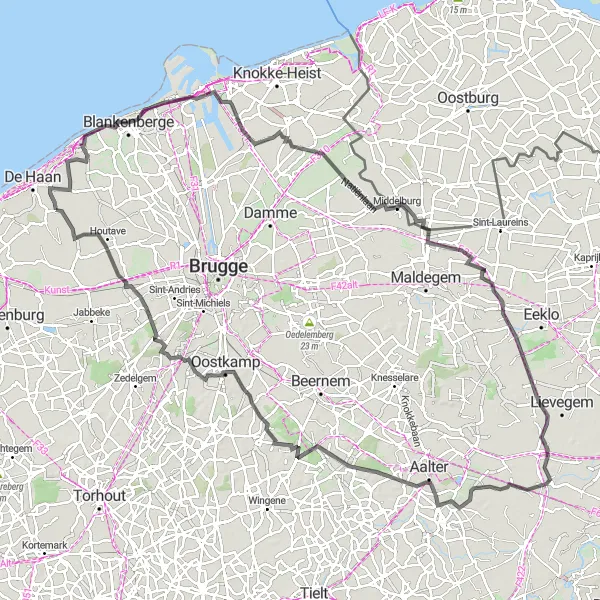 Miniatuurkaart van de fietsinspiratie "Historische ontdekkingstocht richting Merendree en Loppem" in Prov. West-Vlaanderen, Belgium. Gemaakt door de Tarmacs.app fietsrouteplanner