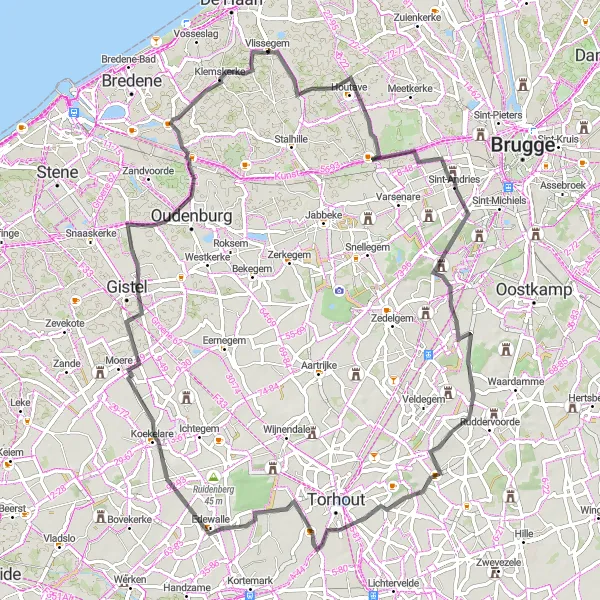 Karten-Miniaturansicht der Radinspiration "Rennradroute in der Nähe von Vlissegem" in Prov. West-Vlaanderen, Belgium. Erstellt vom Tarmacs.app-Routenplaner für Radtouren