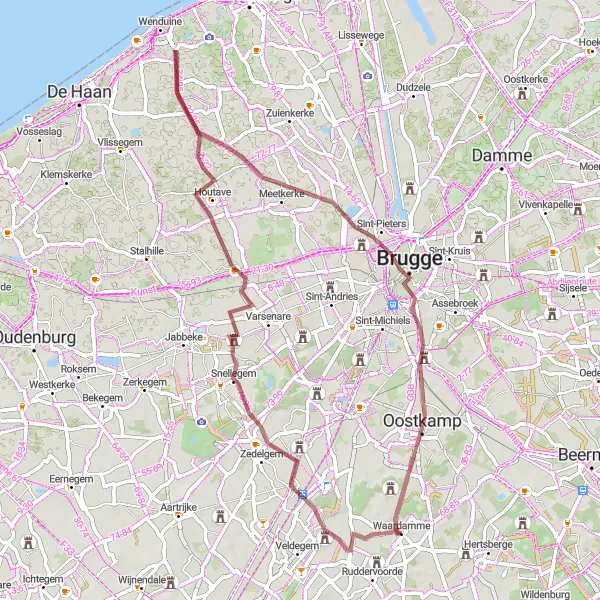 Map miniature of "Snellegem and Oostkamp Gravel Loop" cycling inspiration in Prov. West-Vlaanderen, Belgium. Generated by Tarmacs.app cycling route planner