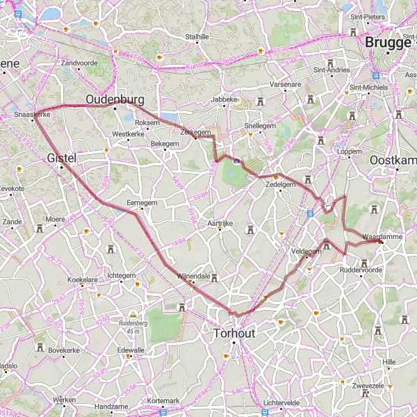 Map miniature of "Veldegem and Zerkegem Gravel Loop" cycling inspiration in Prov. West-Vlaanderen, Belgium. Generated by Tarmacs.app cycling route planner