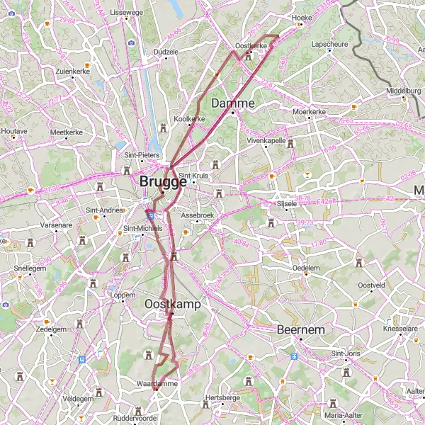 Miniatuurkaart van de fietsinspiratie "Gravelroute rond Waardamme" in Prov. West-Vlaanderen, Belgium. Gemaakt door de Tarmacs.app fietsrouteplanner