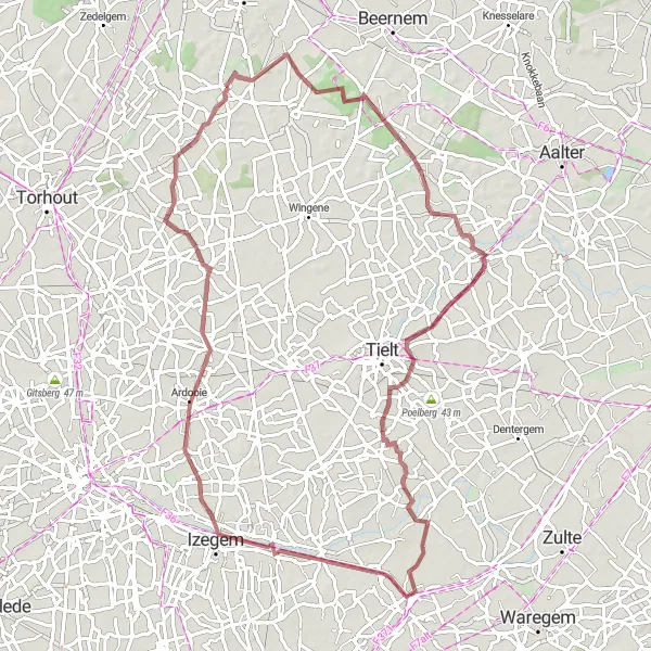 Map miniature of "Doomkerke and Ooigem Gravel Route" cycling inspiration in Prov. West-Vlaanderen, Belgium. Generated by Tarmacs.app cycling route planner