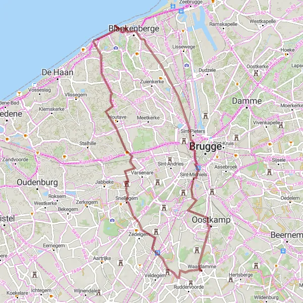 Map miniature of "Snellegem and Sint-Michiels Gravel Route" cycling inspiration in Prov. West-Vlaanderen, Belgium. Generated by Tarmacs.app cycling route planner