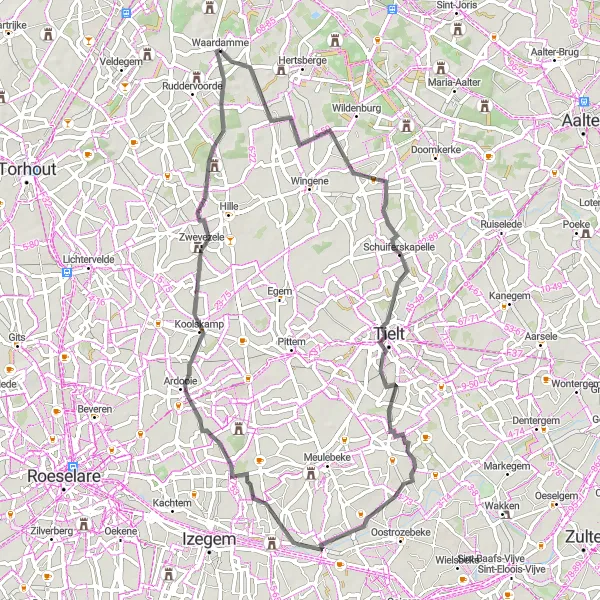 Map miniature of "Waardamme and Zwevezele Road Loop" cycling inspiration in Prov. West-Vlaanderen, Belgium. Generated by Tarmacs.app cycling route planner