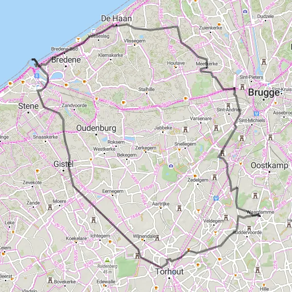 Map miniature of "Wijnendale and Meetkerke Road Loop" cycling inspiration in Prov. West-Vlaanderen, Belgium. Generated by Tarmacs.app cycling route planner