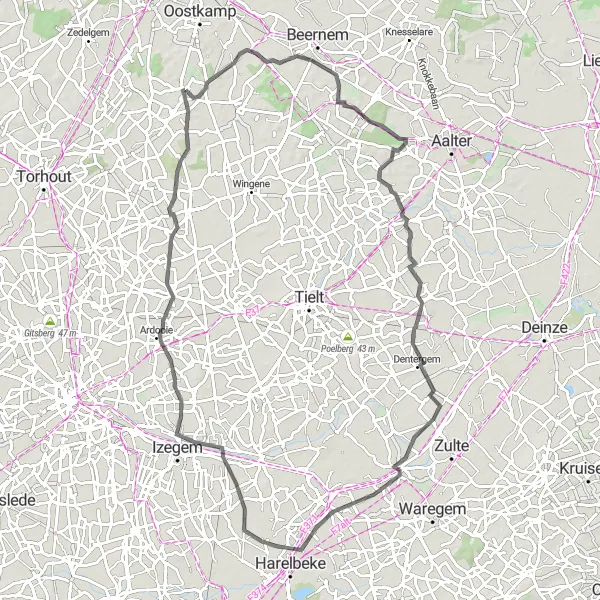 Miniatuurkaart van de fietsinspiratie "Culturele fietstocht van Waardamme naar Zwevezele" in Prov. West-Vlaanderen, Belgium. Gemaakt door de Tarmacs.app fietsrouteplanner