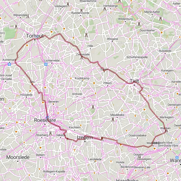 Map miniature of "Exploring the Gravel Treasures" cycling inspiration in Prov. West-Vlaanderen, Belgium. Generated by Tarmacs.app cycling route planner