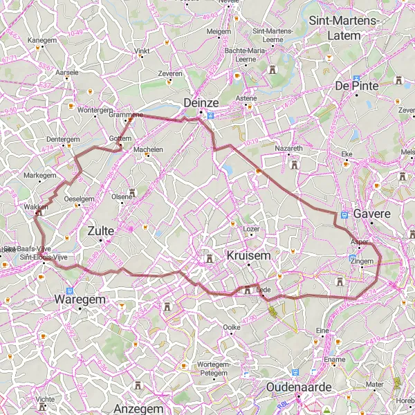 Miniatuurkaart van de fietsinspiratie "Grindpaden en pittoreske dorpjes" in Prov. West-Vlaanderen, Belgium. Gemaakt door de Tarmacs.app fietsrouteplanner