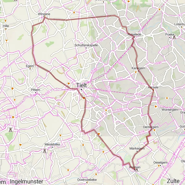 Miniatuurkaart van de fietsinspiratie "Gravelroute rondom Wakken" in Prov. West-Vlaanderen, Belgium. Gemaakt door de Tarmacs.app fietsrouteplanner