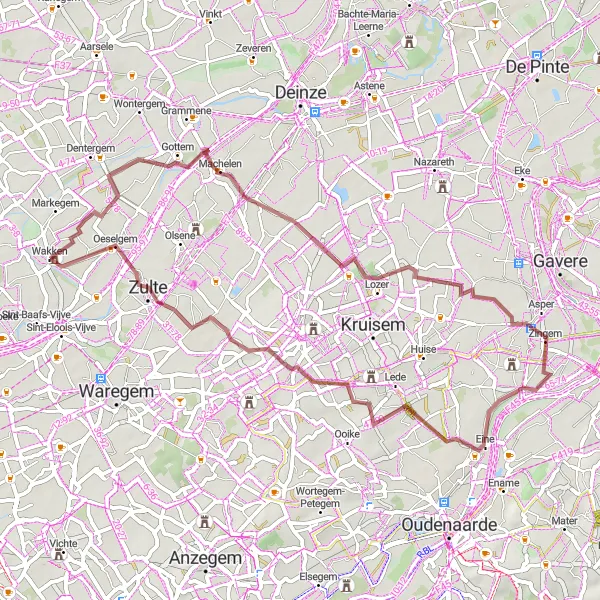 Miniatuurkaart van de fietsinspiratie "Grindpaden rond Wakken en omgeving" in Prov. West-Vlaanderen, Belgium. Gemaakt door de Tarmacs.app fietsrouteplanner