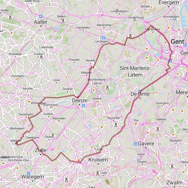 Map miniature of "Wakken Gravel Adventure Extended" cycling inspiration in Prov. West-Vlaanderen, Belgium. Generated by Tarmacs.app cycling route planner