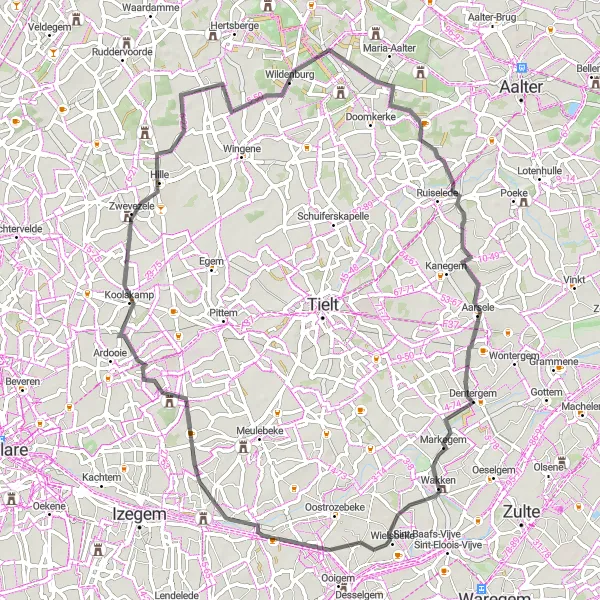 Miniatuurkaart van de fietsinspiratie "Historische route door West-Vlaanderen" in Prov. West-Vlaanderen, Belgium. Gemaakt door de Tarmacs.app fietsrouteplanner