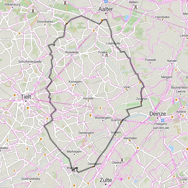 Miniatuurkaart van de fietsinspiratie "Wegrit vanuit Wakken" in Prov. West-Vlaanderen, Belgium. Gemaakt door de Tarmacs.app fietsrouteplanner