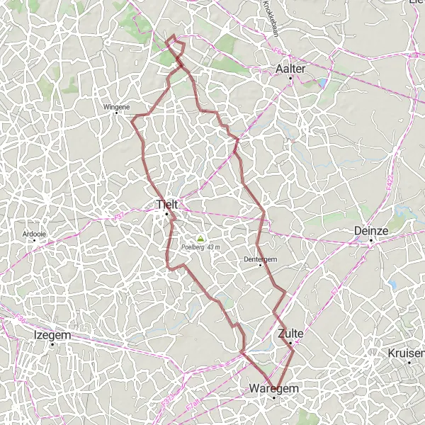 Map miniature of "Waregem to Dentergem Gravel Tour" cycling inspiration in Prov. West-Vlaanderen, Belgium. Generated by Tarmacs.app cycling route planner