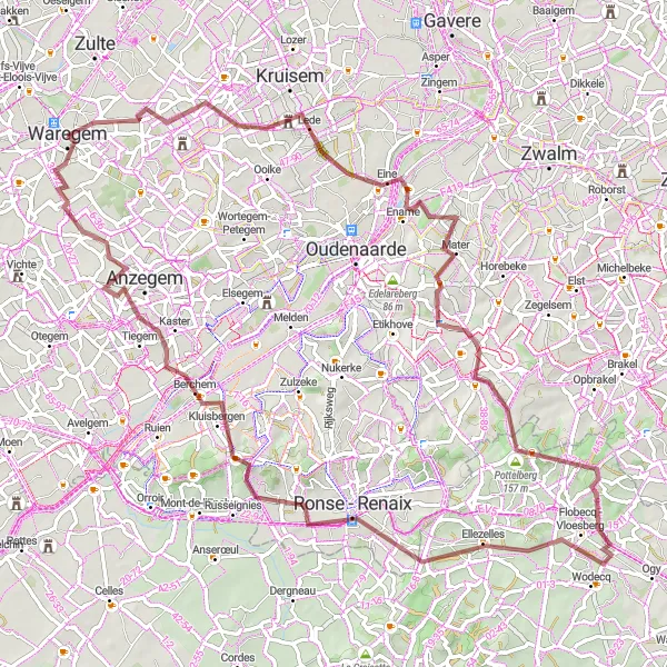 Map miniature of "Kruishoutem to Waregem Gravel Adventure" cycling inspiration in Prov. West-Vlaanderen, Belgium. Generated by Tarmacs.app cycling route planner
