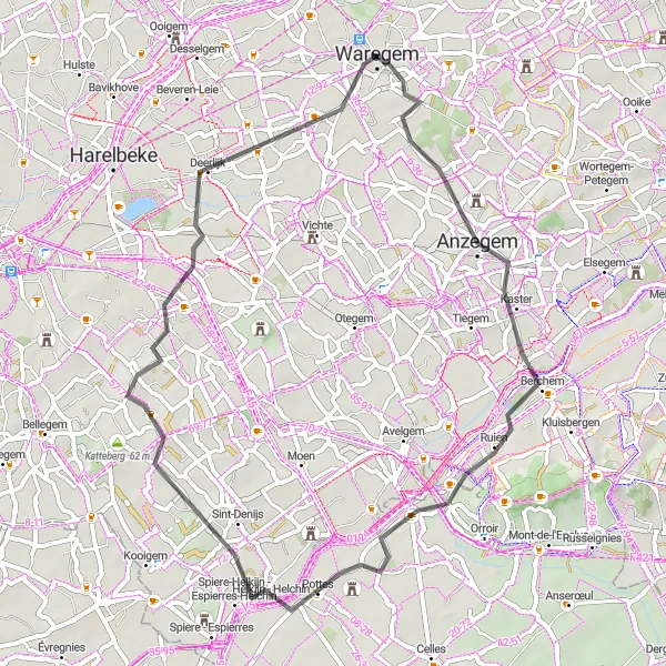 Karten-Miniaturansicht der Radinspiration "Radtour von Kaster nach Waregem" in Prov. West-Vlaanderen, Belgium. Erstellt vom Tarmacs.app-Routenplaner für Radtouren