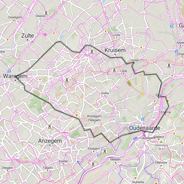 Karten-Miniaturansicht der Radinspiration "Rundfahrt Waregem - Tjammelberg" in Prov. West-Vlaanderen, Belgium. Erstellt vom Tarmacs.app-Routenplaner für Radtouren