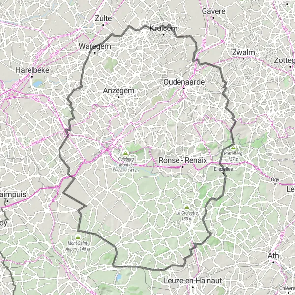 Map miniature of "Kruishoutem to Vichte Road Cycling Adventure" cycling inspiration in Prov. West-Vlaanderen, Belgium. Generated by Tarmacs.app cycling route planner