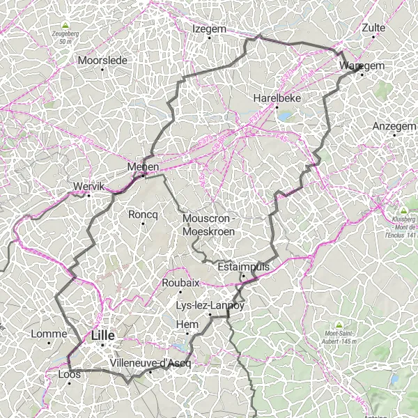 Miniatuurkaart van de fietsinspiratie "Kastelen en Natuur rond Waregem" in Prov. West-Vlaanderen, Belgium. Gemaakt door de Tarmacs.app fietsrouteplanner