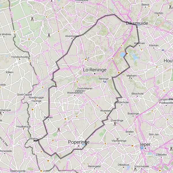 Miniature de la carte de l'inspiration cycliste "Circuit rural de la côte belge" dans la Prov. West-Vlaanderen, Belgium. Générée par le planificateur d'itinéraire cycliste Tarmacs.app