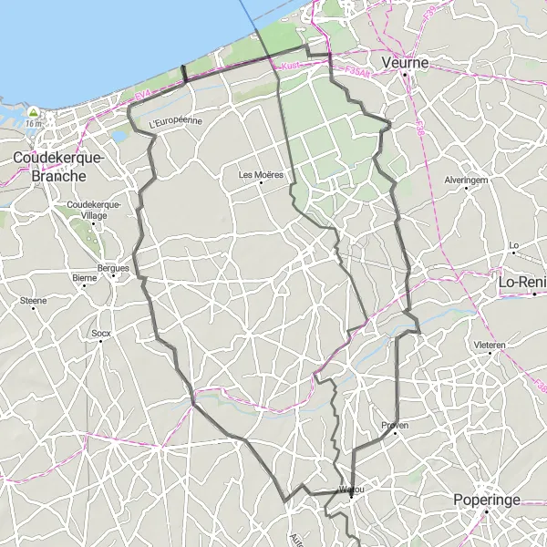 Miniatuurkaart van de fietsinspiratie "Ontdekkingstocht door Bray-Dunes" in Prov. West-Vlaanderen, Belgium. Gemaakt door de Tarmacs.app fietsrouteplanner