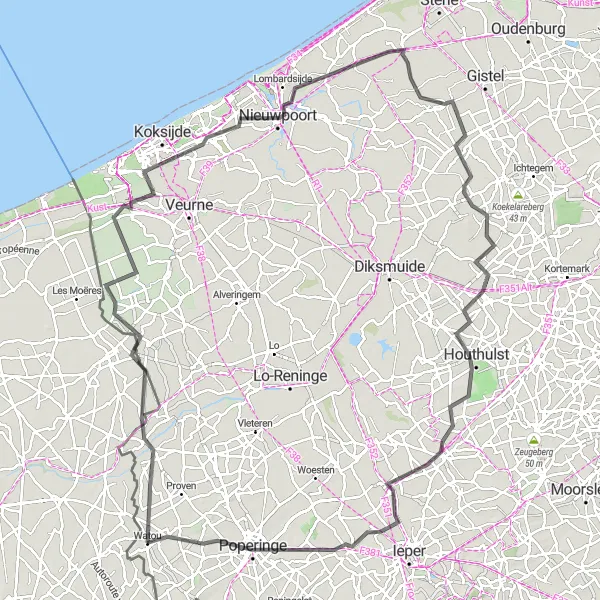 Map miniature of "Coastal Ride" cycling inspiration in Prov. West-Vlaanderen, Belgium. Generated by Tarmacs.app cycling route planner