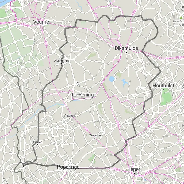 Miniatuurkaart van de fietsinspiratie "Fietsen langs Proven en Vlamertinge" in Prov. West-Vlaanderen, Belgium. Gemaakt door de Tarmacs.app fietsrouteplanner