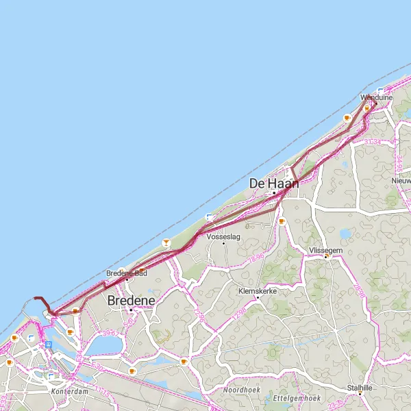 Map miniature of "Scenic Gravel Loop to Bredene, Vuurtoren/Uitkijktoren, and Wenduine" cycling inspiration in Prov. West-Vlaanderen, Belgium. Generated by Tarmacs.app cycling route planner