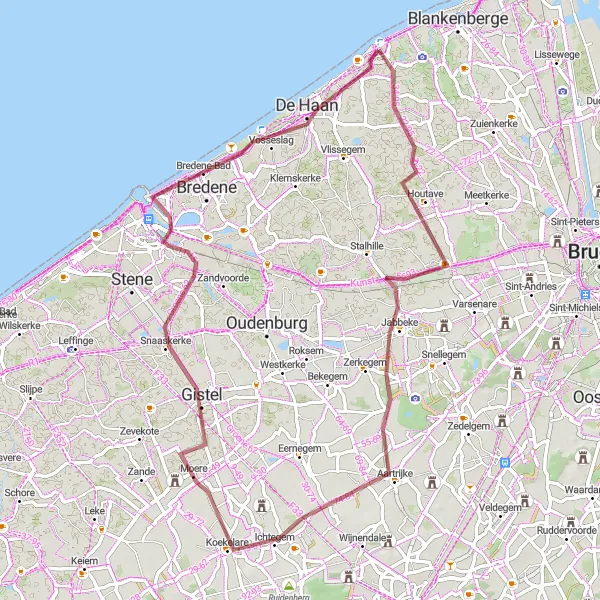 Karten-Miniaturansicht der Radinspiration "Gravelroute von Wenduine nach Koekelare" in Prov. West-Vlaanderen, Belgium. Erstellt vom Tarmacs.app-Routenplaner für Radtouren