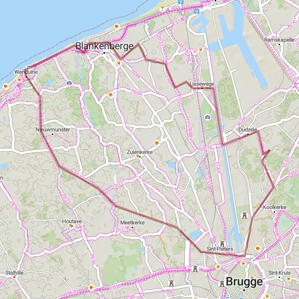 Map miniature of "Gravel Loop to Lissewege, Koolkerke, Augustines bridge, and Nieuwmunster" cycling inspiration in Prov. West-Vlaanderen, Belgium. Generated by Tarmacs.app cycling route planner