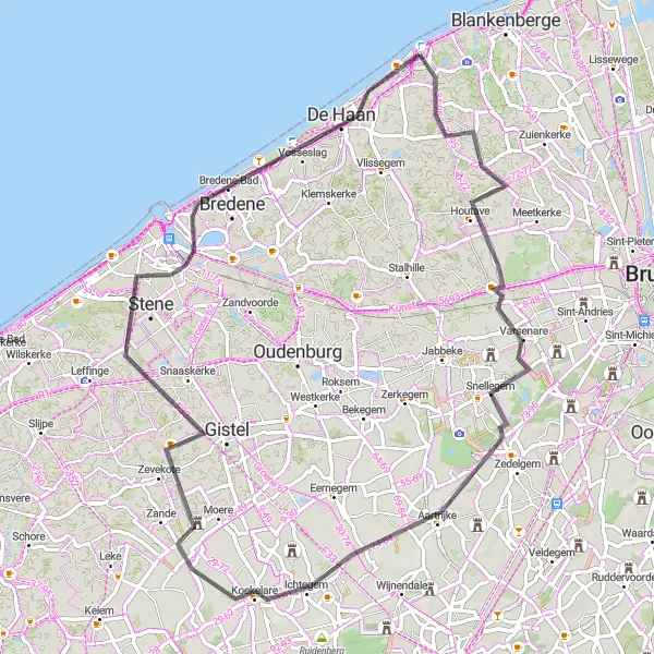 Map miniature of "Road Loop to Varsenare, Koekelare, Zevekote, Bredene, Vuurtoren/uitkijktoren and Wenduine" cycling inspiration in Prov. West-Vlaanderen, Belgium. Generated by Tarmacs.app cycling route planner