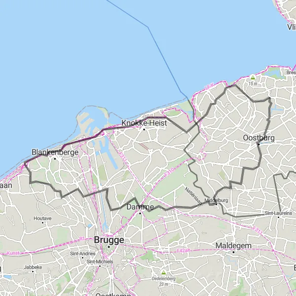 Map miniature of "The Coastline Loop" cycling inspiration in Prov. West-Vlaanderen, Belgium. Generated by Tarmacs.app cycling route planner