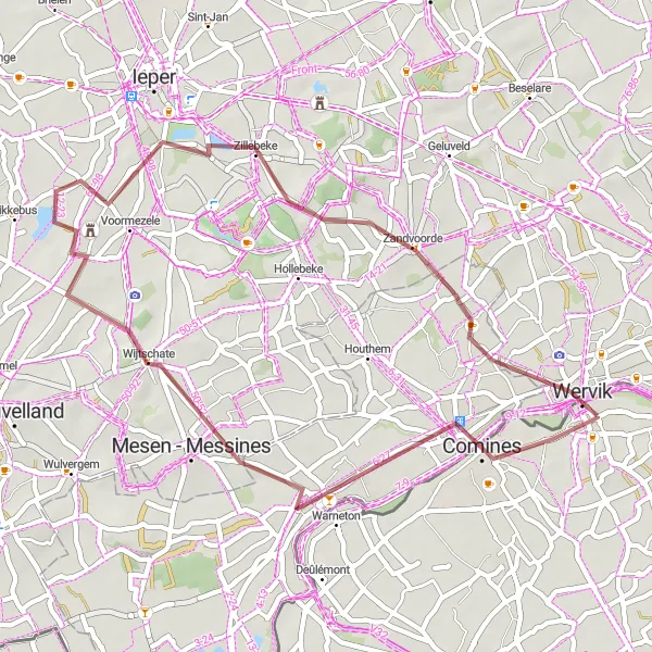 Map miniature of "Gravel Route around Wervik" cycling inspiration in Prov. West-Vlaanderen, Belgium. Generated by Tarmacs.app cycling route planner