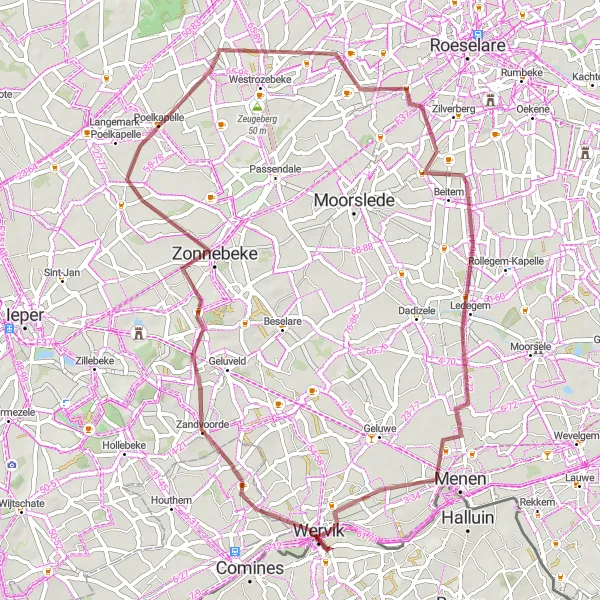 Miniatuurkaart van de fietsinspiratie "Avontuurlijke gravelroute in de omgeving van Wervik" in Prov. West-Vlaanderen, Belgium. Gemaakt door de Tarmacs.app fietsrouteplanner