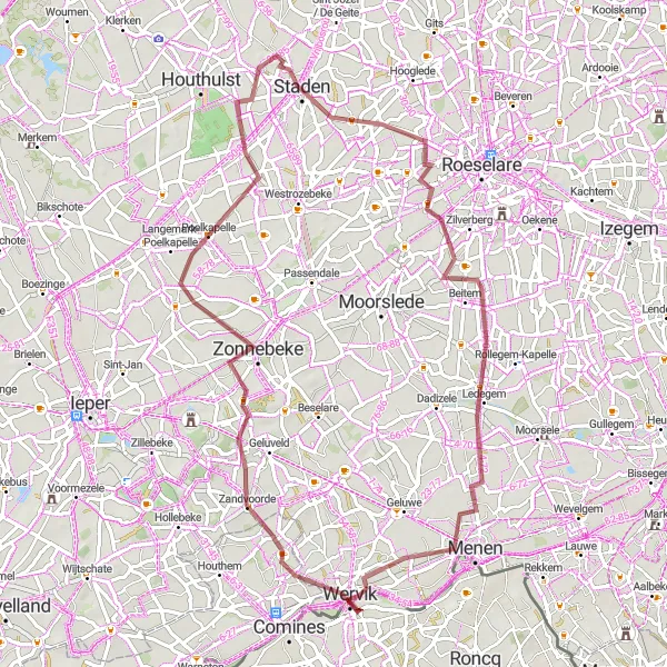 Karten-Miniaturansicht der Radinspiration "Rundtour um Zonnebeke" in Prov. West-Vlaanderen, Belgium. Erstellt vom Tarmacs.app-Routenplaner für Radtouren
