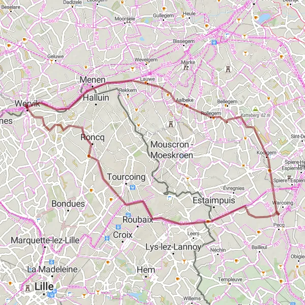 Miniature de la carte de l'inspiration cycliste "Parcours Gravel Halluin-Roncq" dans la Prov. West-Vlaanderen, Belgium. Générée par le planificateur d'itinéraire cycliste Tarmacs.app