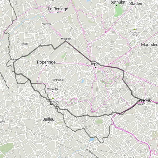 Miniatuurkaart van de fietsinspiratie "Historische wegfietsroute" in Prov. West-Vlaanderen, Belgium. Gemaakt door de Tarmacs.app fietsrouteplanner