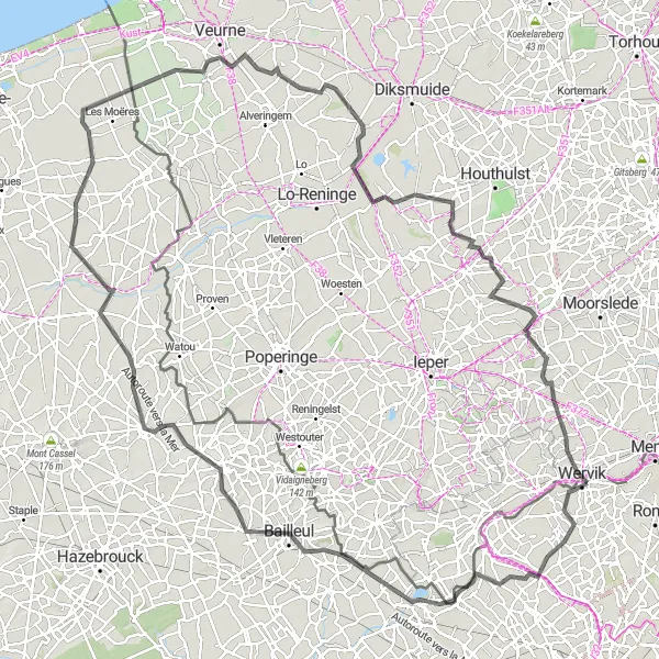 Karten-Miniaturansicht der Radinspiration "Hügelige Straßen und historische Sehenswürdigkeiten" in Prov. West-Vlaanderen, Belgium. Erstellt vom Tarmacs.app-Routenplaner für Radtouren