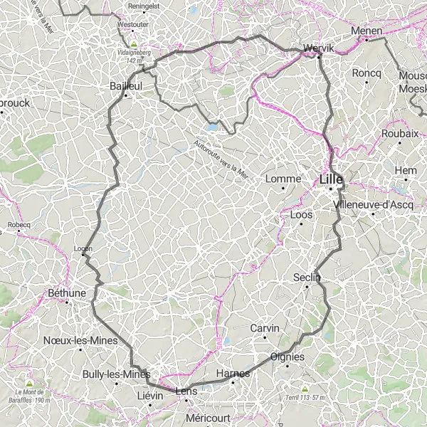 Karten-Miniaturansicht der Radinspiration "Rund um Wervik - Herausfordernde Straßenroute" in Prov. West-Vlaanderen, Belgium. Erstellt vom Tarmacs.app-Routenplaner für Radtouren
