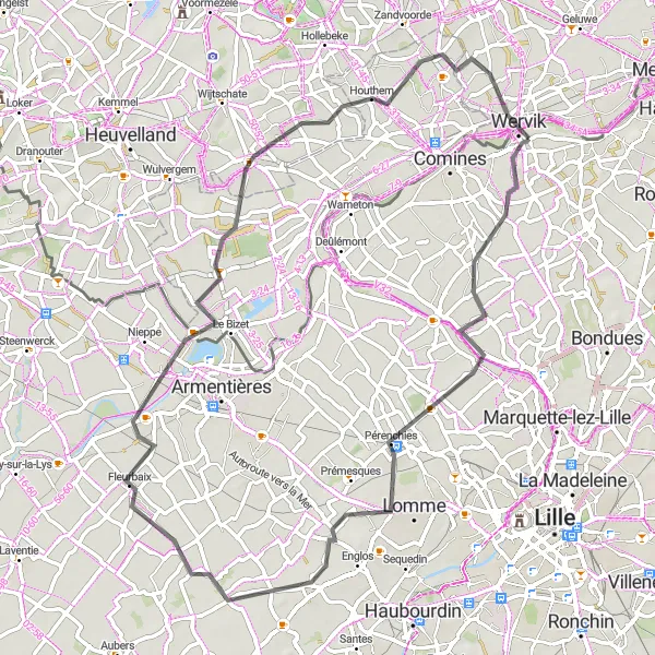 Miniature de la carte de l'inspiration cycliste "Parcours Route Verlinghem-Wervicq-Sud" dans la Prov. West-Vlaanderen, Belgium. Générée par le planificateur d'itinéraire cycliste Tarmacs.app
