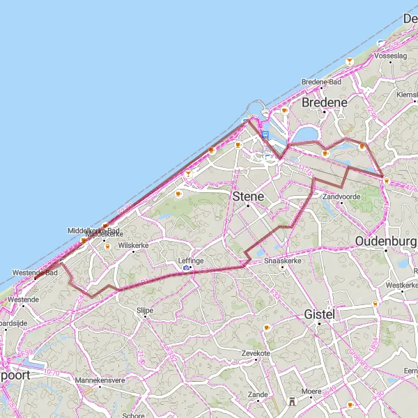 Map miniature of "Coastal Gravel Ride to Ostend" cycling inspiration in Prov. West-Vlaanderen, Belgium. Generated by Tarmacs.app cycling route planner