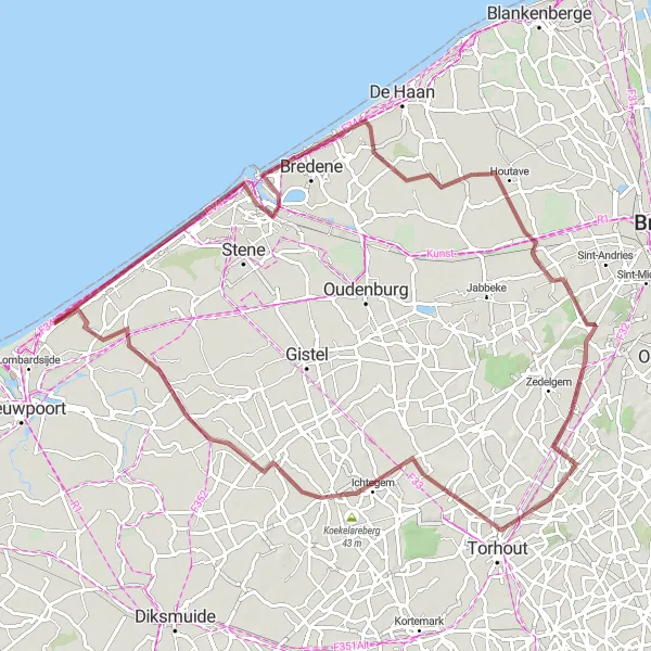 Map miniature of "Westende Gravel Adventure" cycling inspiration in Prov. West-Vlaanderen, Belgium. Generated by Tarmacs.app cycling route planner