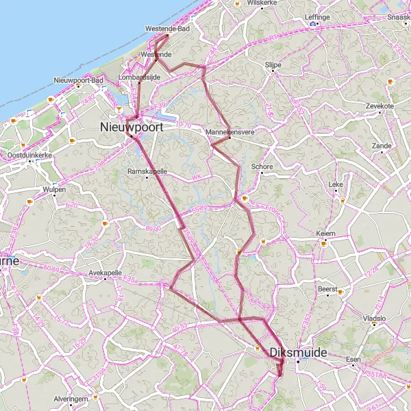 Map miniature of "Coastal Gravel Adventure in West Flanders" cycling inspiration in Prov. West-Vlaanderen, Belgium. Generated by Tarmacs.app cycling route planner