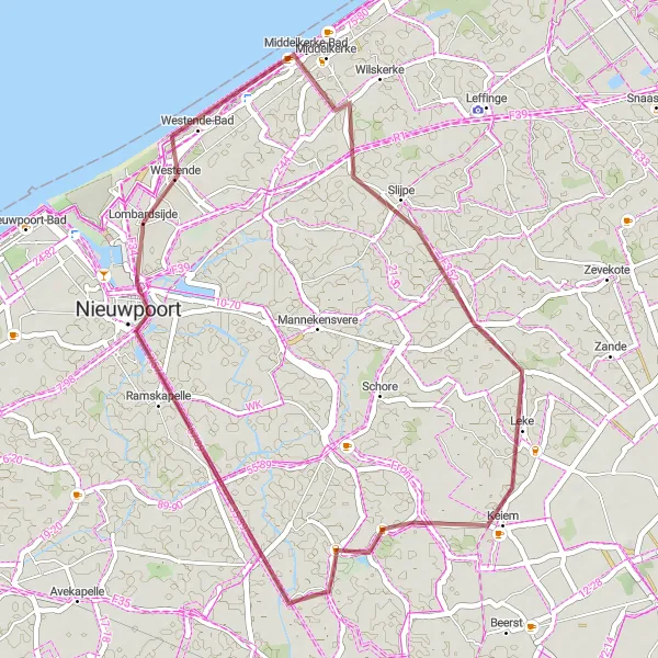 Map miniature of "Gravel Adventure in West Flanders" cycling inspiration in Prov. West-Vlaanderen, Belgium. Generated by Tarmacs.app cycling route planner