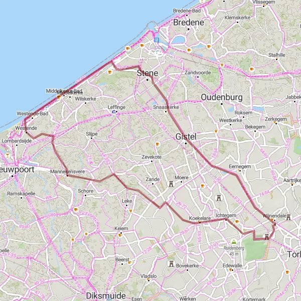 Map miniature of "Westende Gravel Loop" cycling inspiration in Prov. West-Vlaanderen, Belgium. Generated by Tarmacs.app cycling route planner