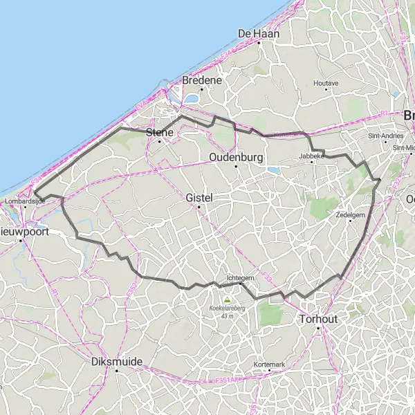 Map miniature of "Westende and the Flemish Countryside" cycling inspiration in Prov. West-Vlaanderen, Belgium. Generated by Tarmacs.app cycling route planner
