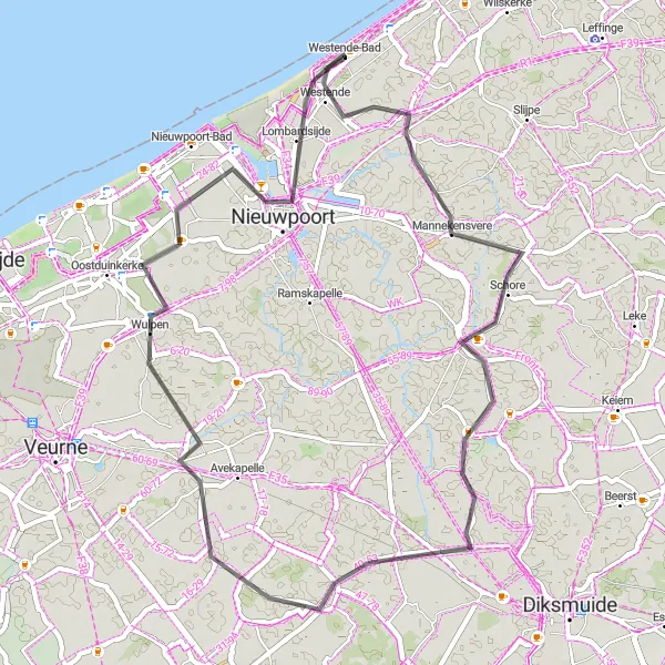 Map miniature of "Scenic Road Ride through West Flanders" cycling inspiration in Prov. West-Vlaanderen, Belgium. Generated by Tarmacs.app cycling route planner